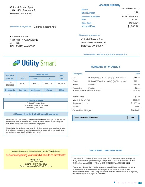 USA Arizona Utility Smart business utility bill template in Word and PDF formats
